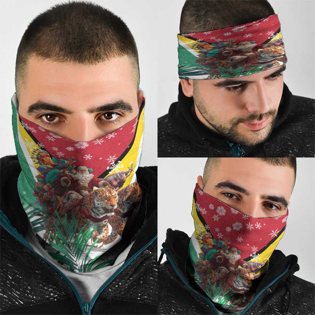 Guyana Flag Neck Gaiter Christmas Santa Jaguar and National Motto Green Yellow TS04
