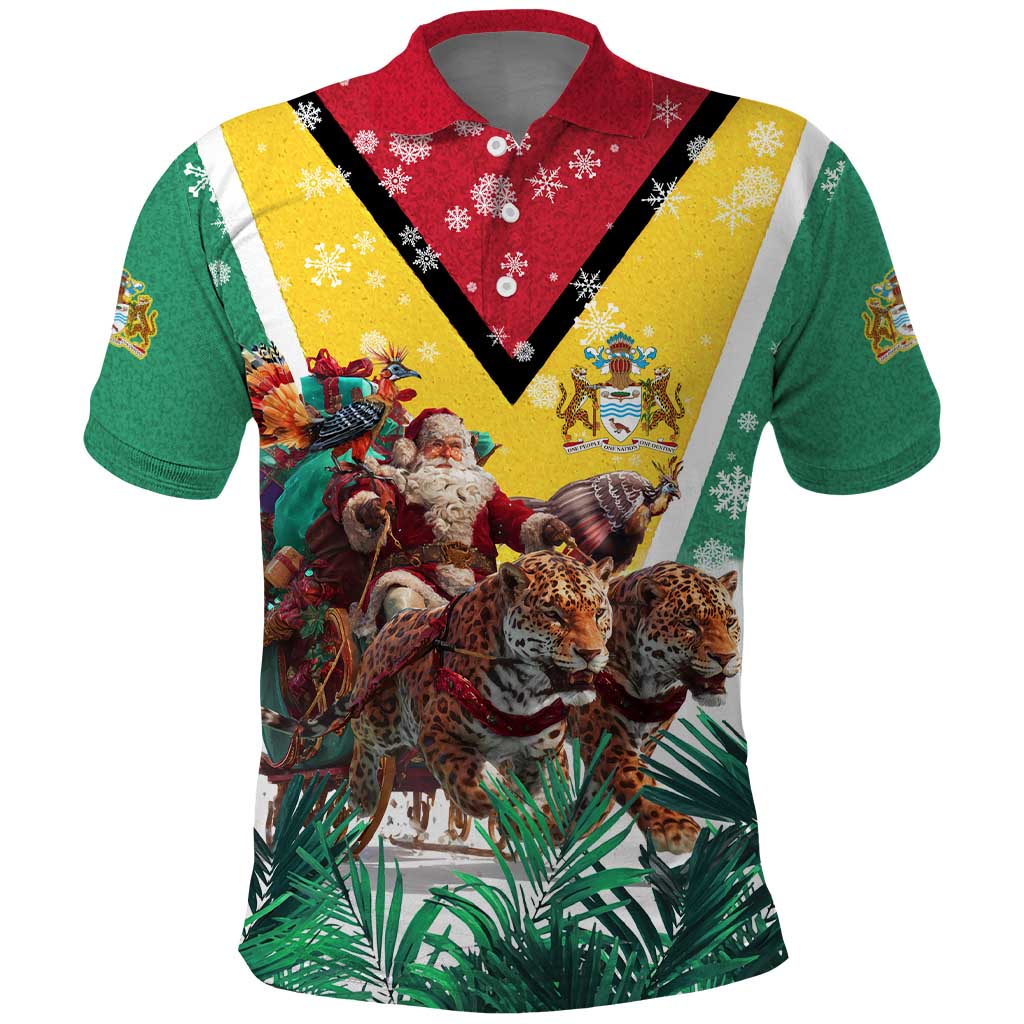 Guyana Flag Polo Shirt Christmas Santa Jaguar and National Motto Green Yellow TS04