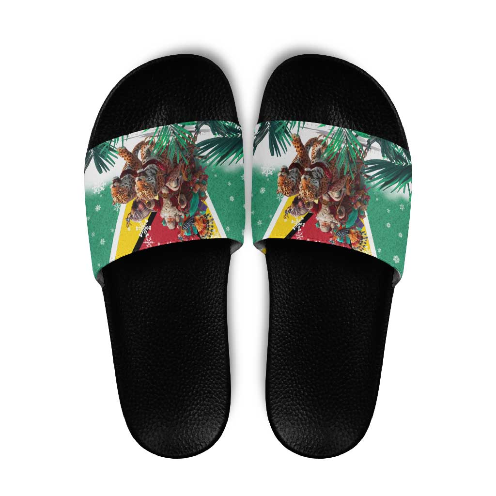 Guyana Flag Slide Sandals Christmas Santa Jaguar and National Motto Green Yellow TS04