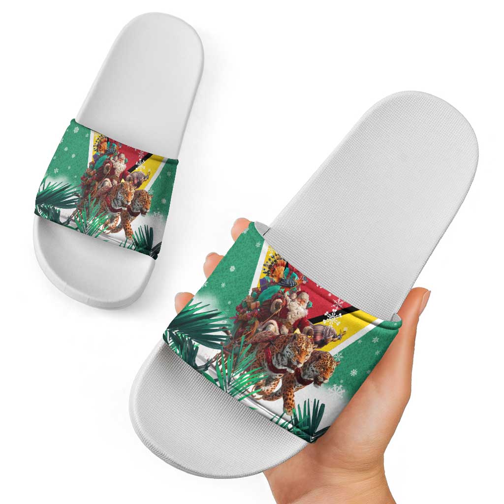 Guyana Flag Slide Sandals Christmas Santa Jaguar and National Motto Green Yellow TS04