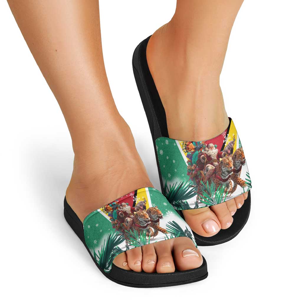 Guyana Flag Slide Sandals Christmas Santa Jaguar and National Motto Green Yellow TS04