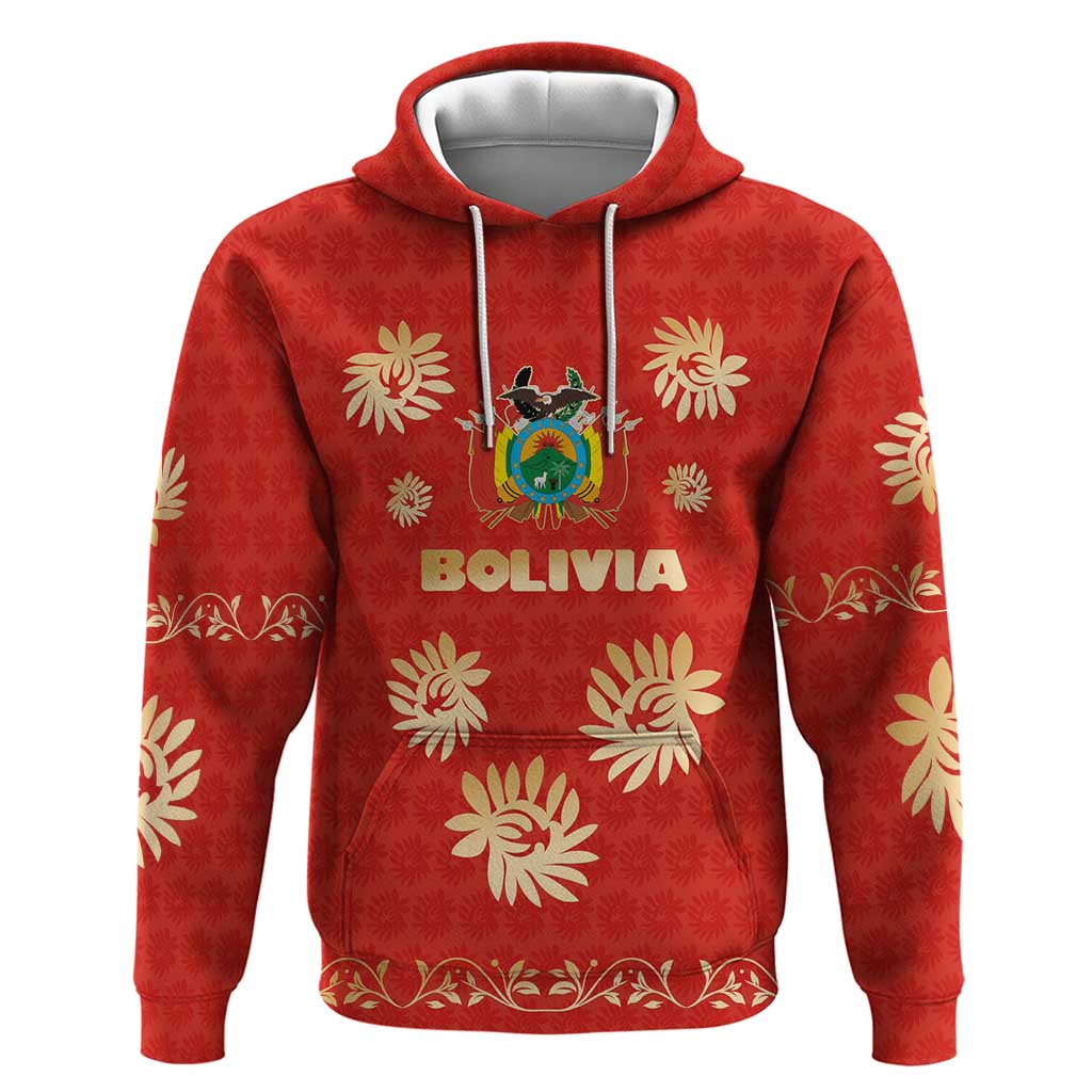 Bolivia National Emblem Hoodie with Floral Pattern and Red Folk Design TS04