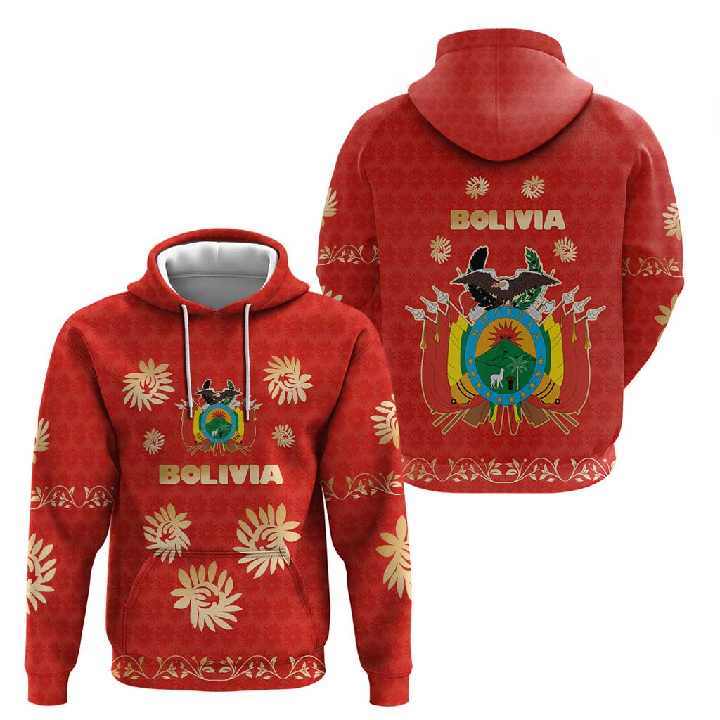 Bolivia National Emblem Hoodie with Floral Pattern and Red Folk Design TS04