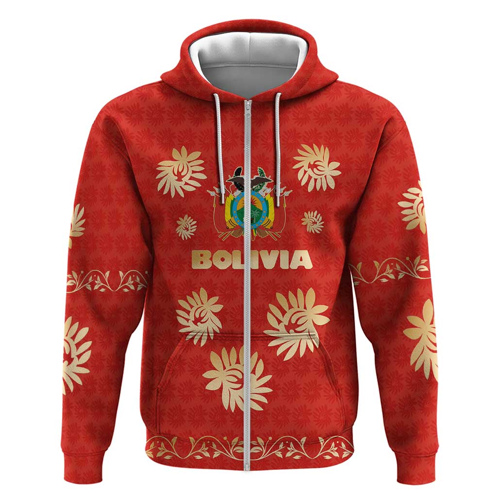 Bolivia National Emblem Hoodie with Floral Pattern and Red Folk Design TS04