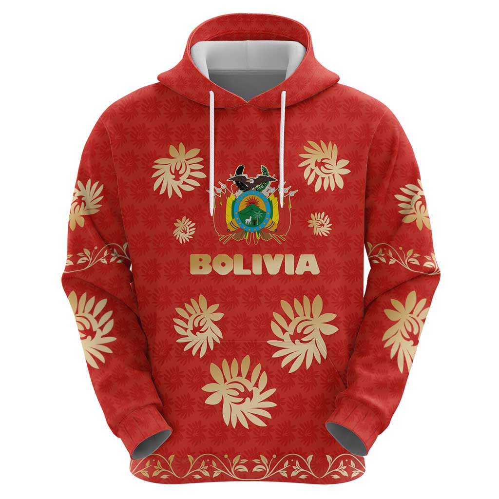 Bolivia National Emblem Hoodie with Floral Pattern and Red Folk Design TS04