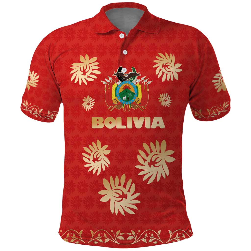 Bolivia National Emblem Polo Shirt with Floral Pattern and Red Folk Design TS04
