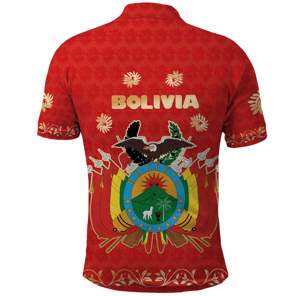 Bolivia National Emblem Polo Shirt with Floral Pattern and Red Folk Design TS04