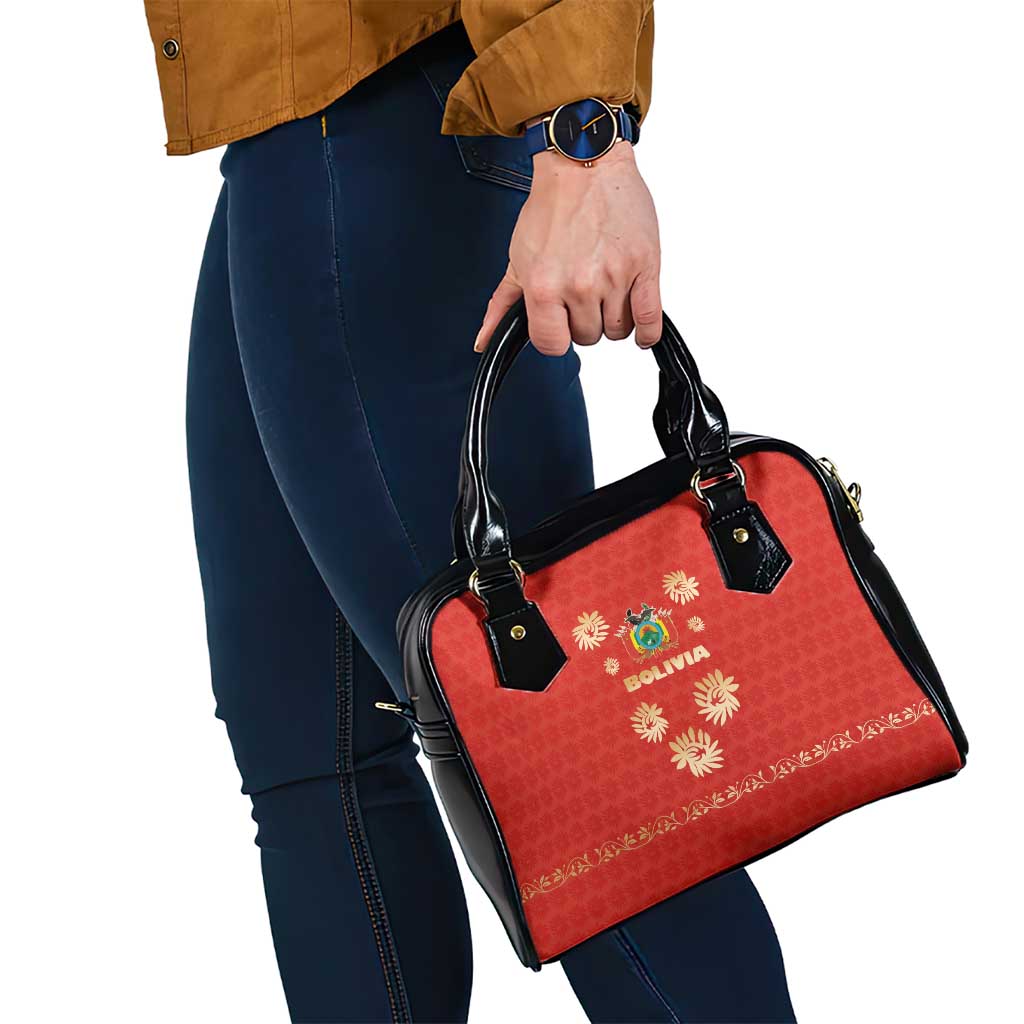 Bolivia National Emblem Shoulder Handbag with Floral Pattern and Red Folk Design TS04