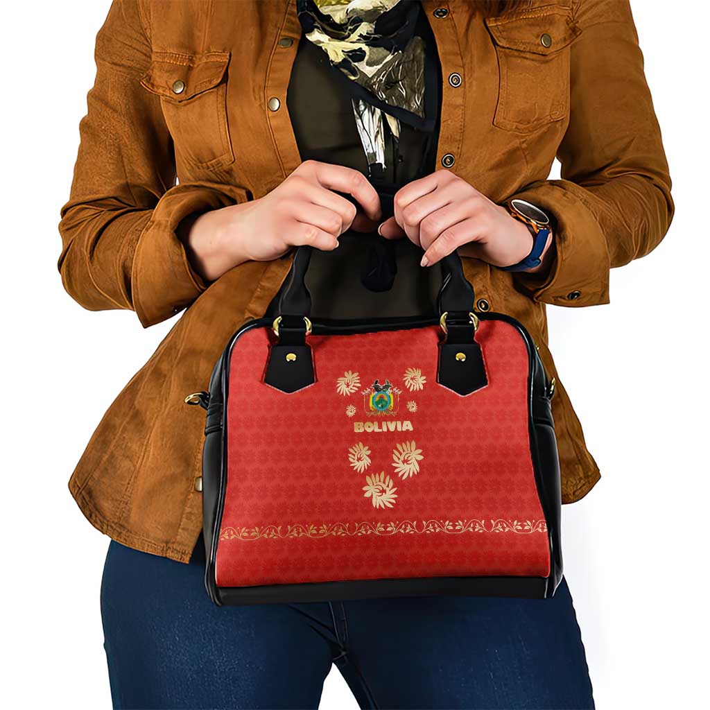 Bolivia National Emblem Shoulder Handbag with Floral Pattern and Red Folk Design TS04