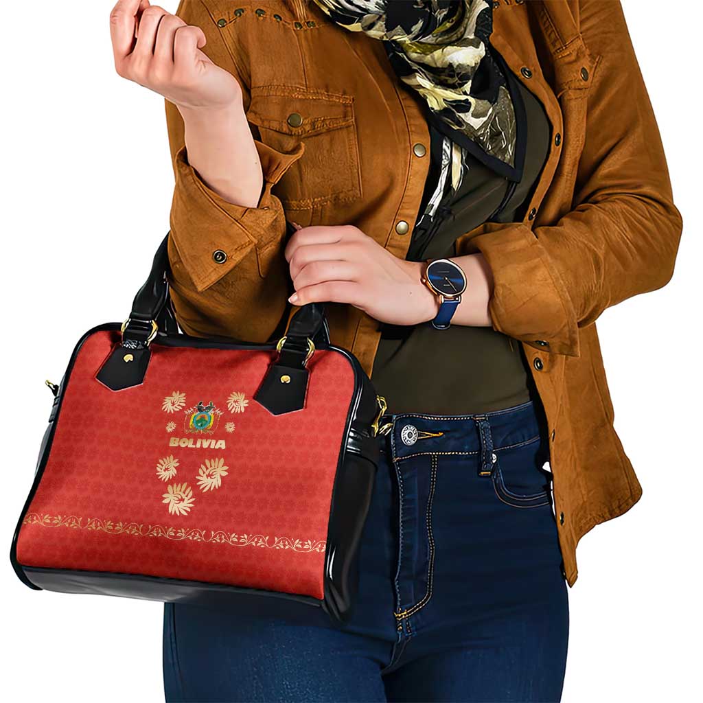 Bolivia National Emblem Shoulder Handbag with Floral Pattern and Red Folk Design TS04