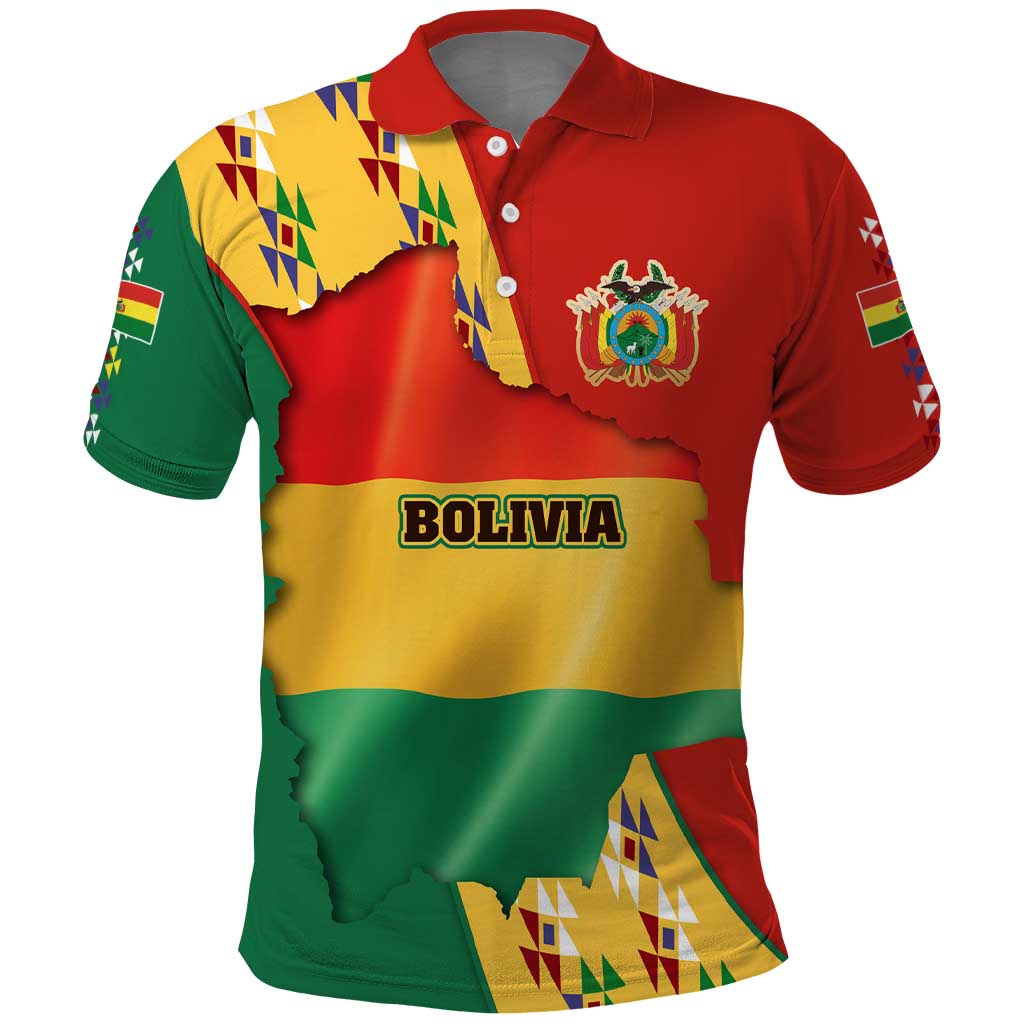 Bolivia Flag Color Polo Shirt with National Crest, Andean Pattern and Condor Graphic TS04