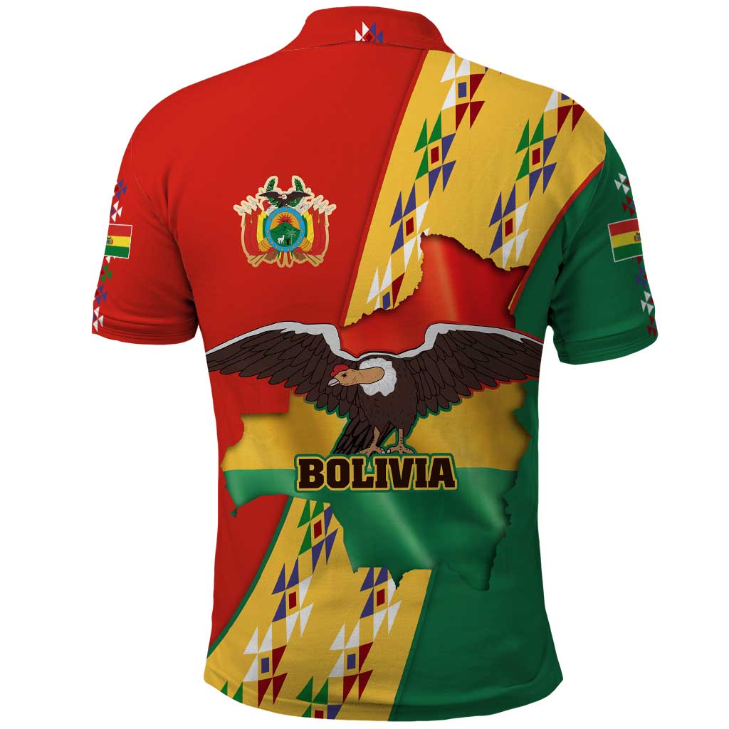 Bolivia Flag Color Polo Shirt with National Crest, Andean Pattern and Condor Graphic TS04