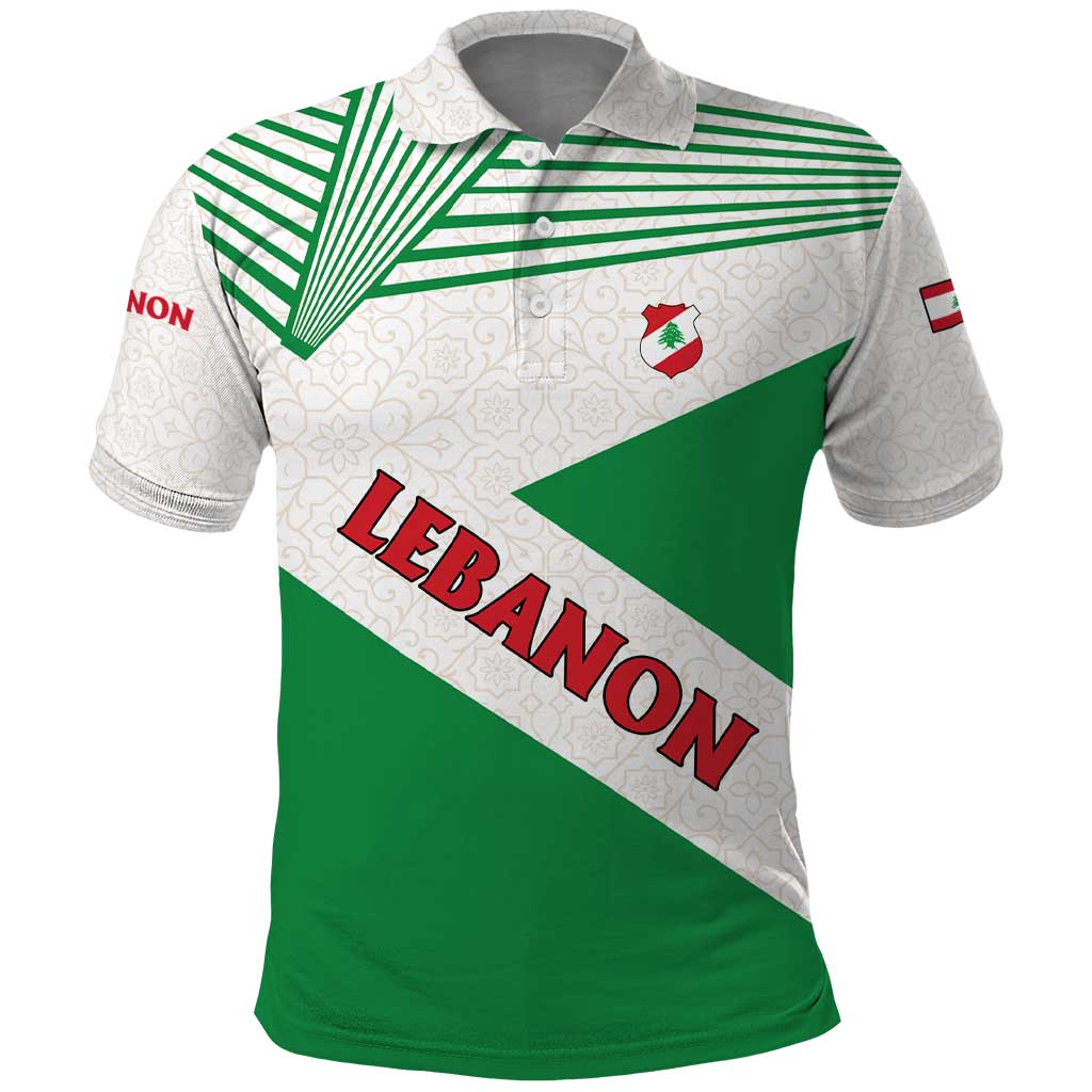 Lebanon Flag Shield Polo Shirt with Cedar Emblem and National Colors TS04