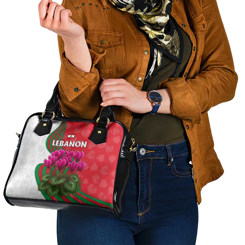Lebanon Cyclamen Flower Shoulder Handbag with Patriotic Colors and Inspirational Quote TS04