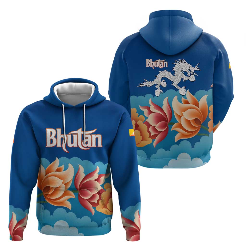 Bhutan Lotus Blossom Hoodie with White Dragon and Sacred Cloud Harmony TS04