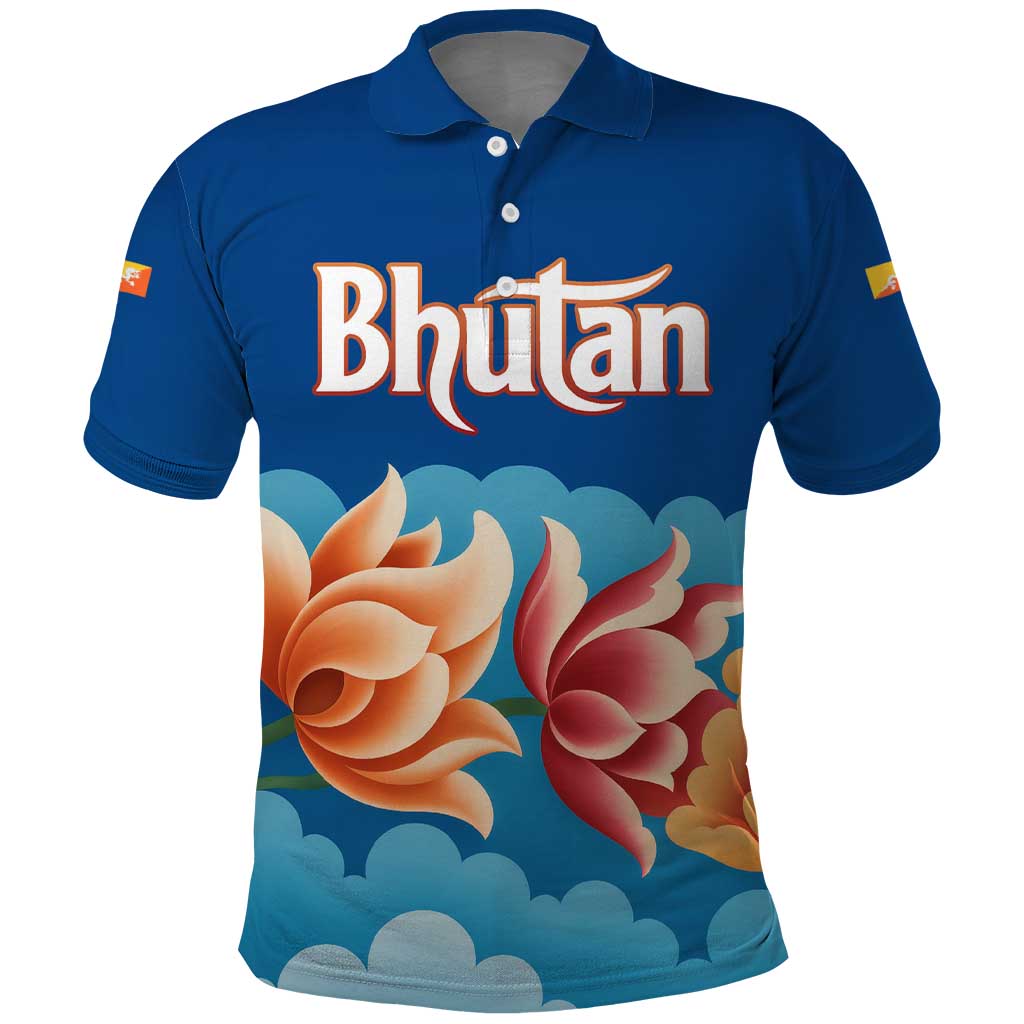Bhutan Lotus Blossom Polo Shirt with White Dragon and Sacred Cloud Harmony TS04
