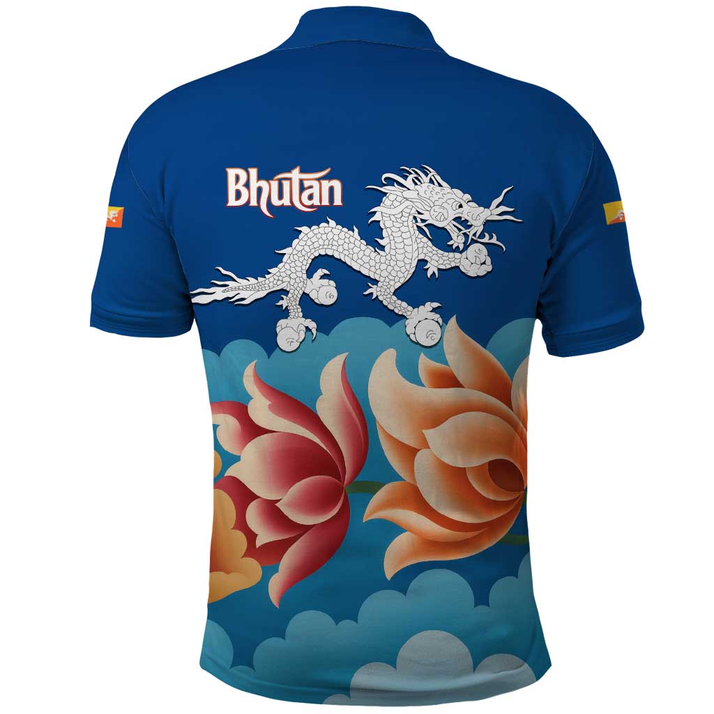 Bhutan Lotus Blossom Polo Shirt with White Dragon and Sacred Cloud Harmony TS04