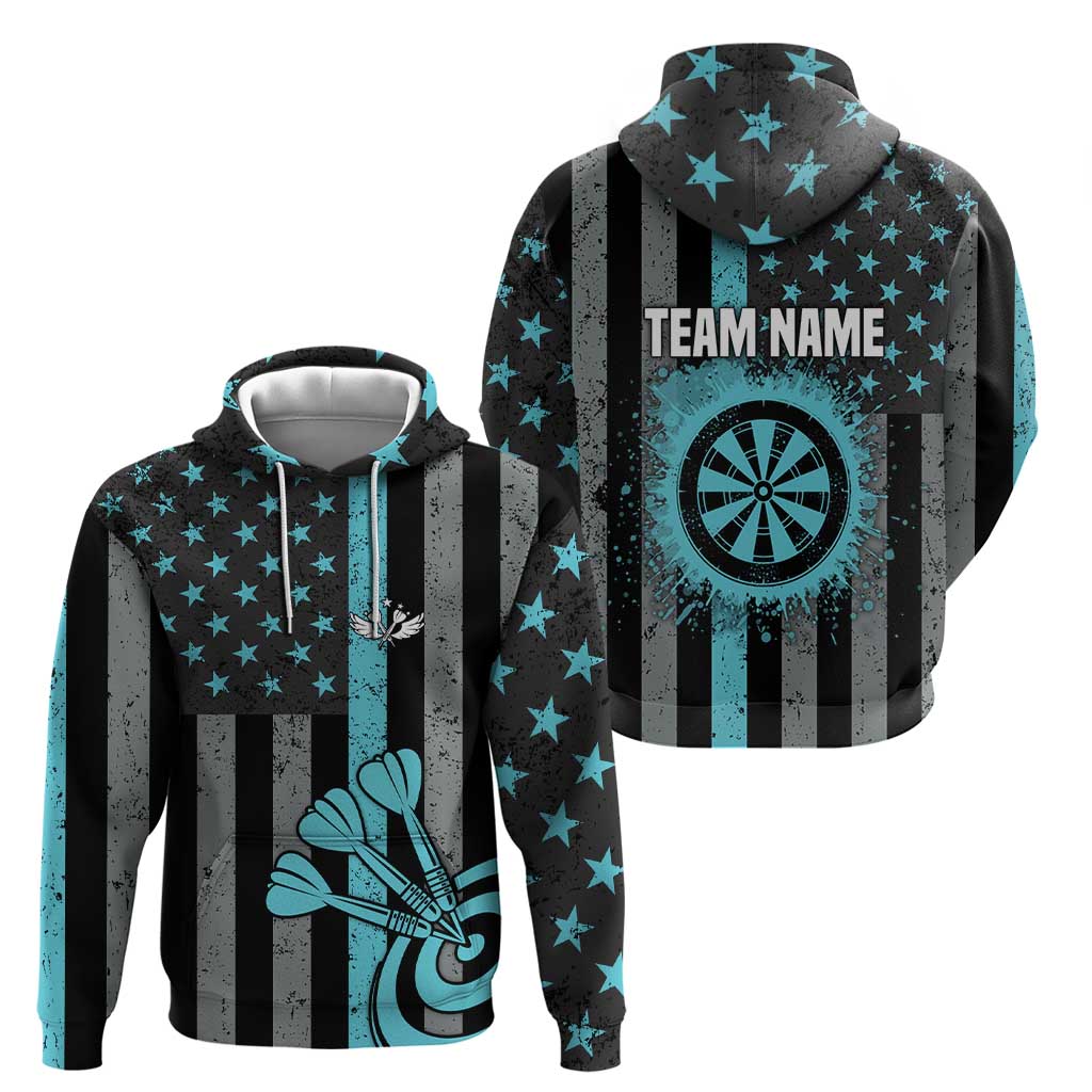 Custom Turquoise US Patriotic Darts Hoodie Blue American Flag Pattern - Grunge Paint Splatter TS04
