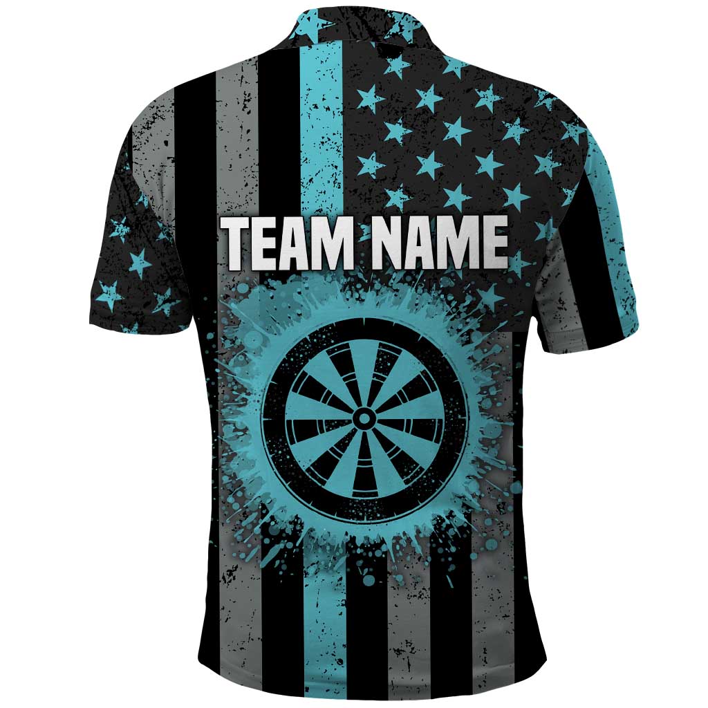Custom Turquoise US Patriotic Darts Polo Shirt Blue American Flag Pattern - Grunge Paint Splatter TS04
