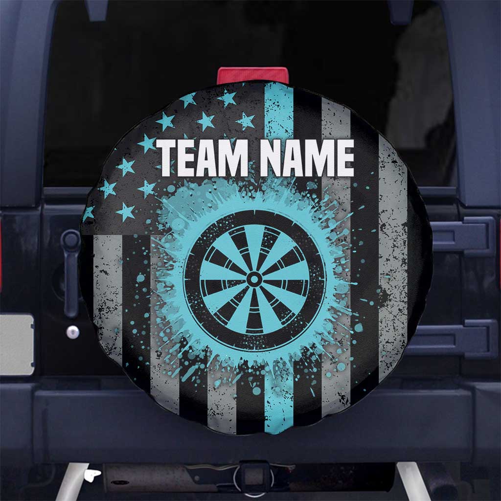 Custom Turquoise US Patriotic Darts Spare Tire Cover Blue American Flag Pattern - Grunge Paint Splatter TS04
