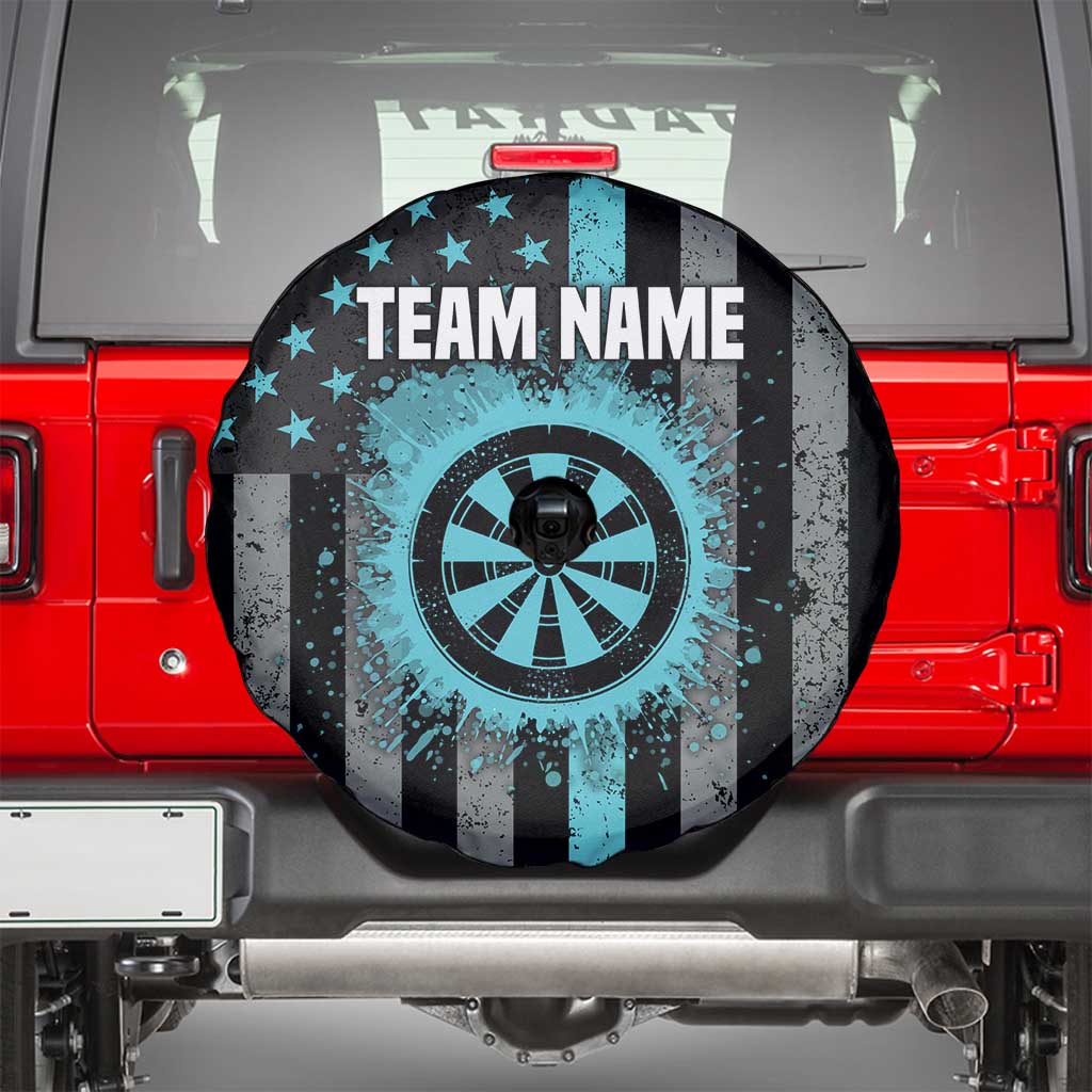 Custom Turquoise US Patriotic Darts Spare Tire Cover Blue American Flag Pattern - Grunge Paint Splatter TS04