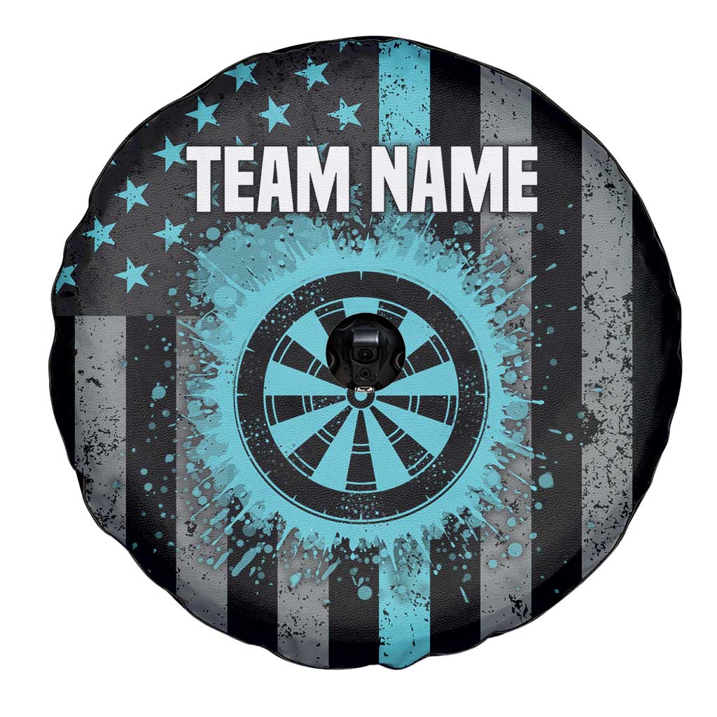 Custom Turquoise US Patriotic Darts Spare Tire Cover Blue American Flag Pattern - Grunge Paint Splatter TS04