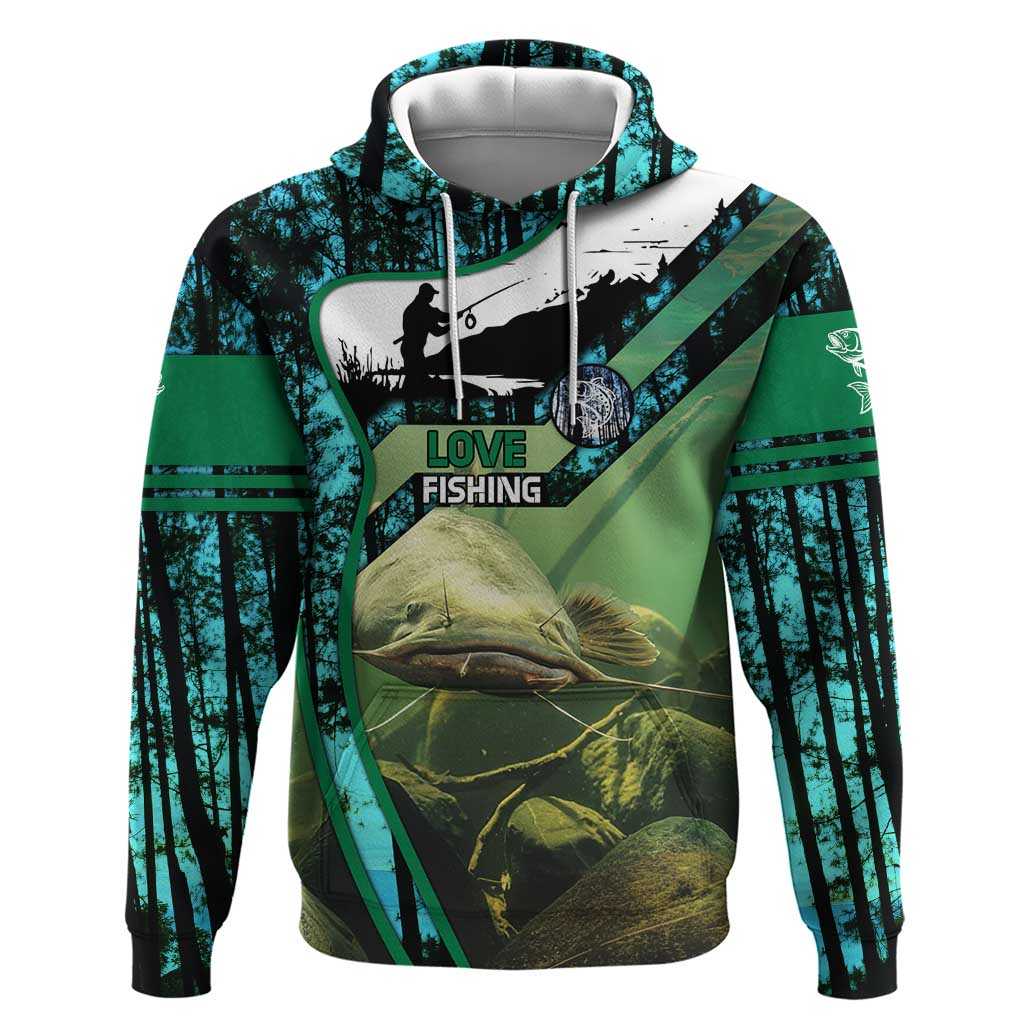 Flathead Catfish Custom Name Hoodie Forest Silhouette and Green Blue Love Fishing Design TS04