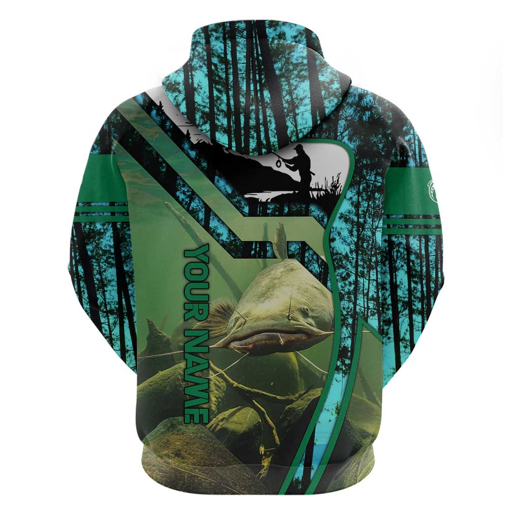 Flathead Catfish Custom Name Hoodie Forest Silhouette and Green Blue Love Fishing Design TS04