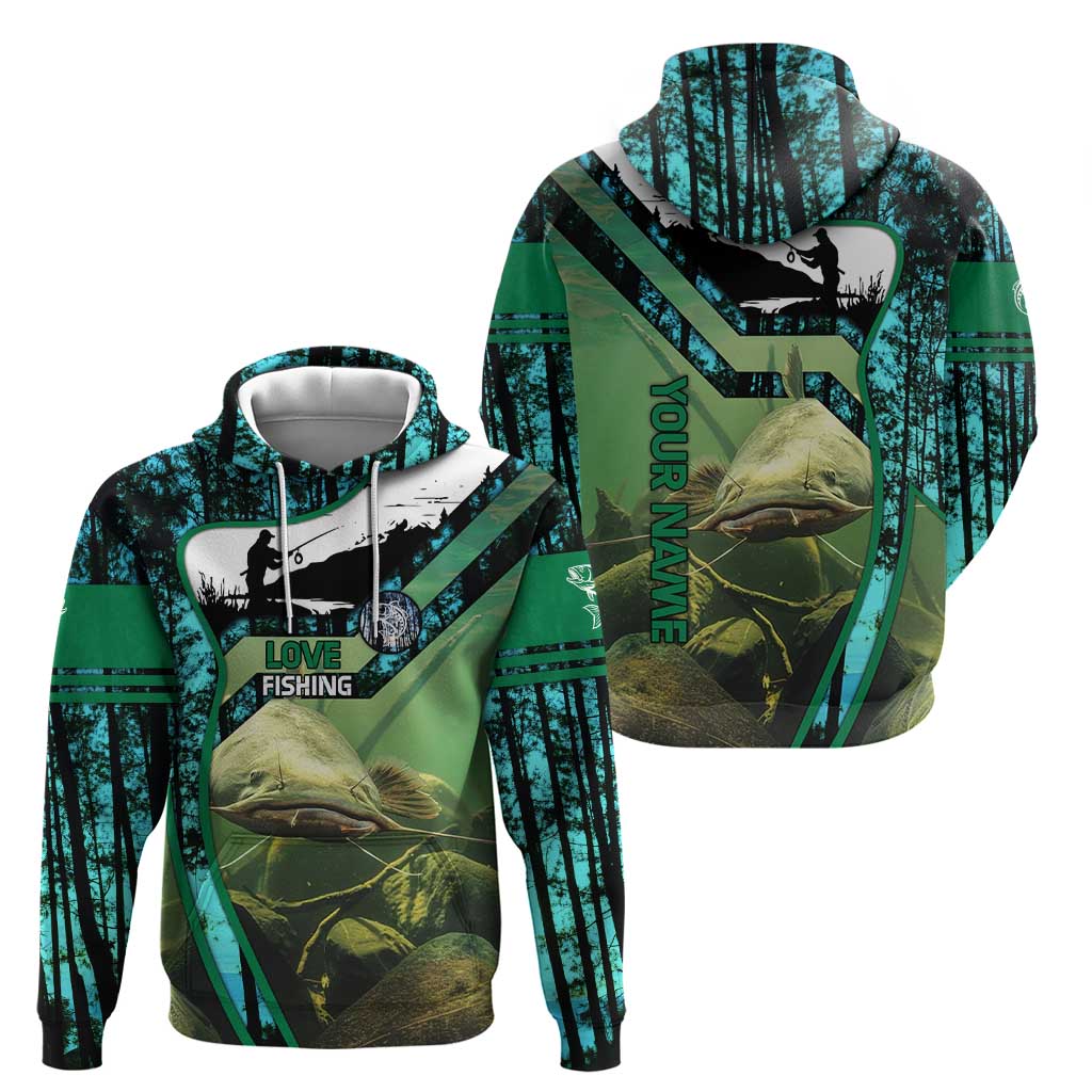 Flathead Catfish Custom Name Hoodie Forest Silhouette and Green Blue Love Fishing Design TS04