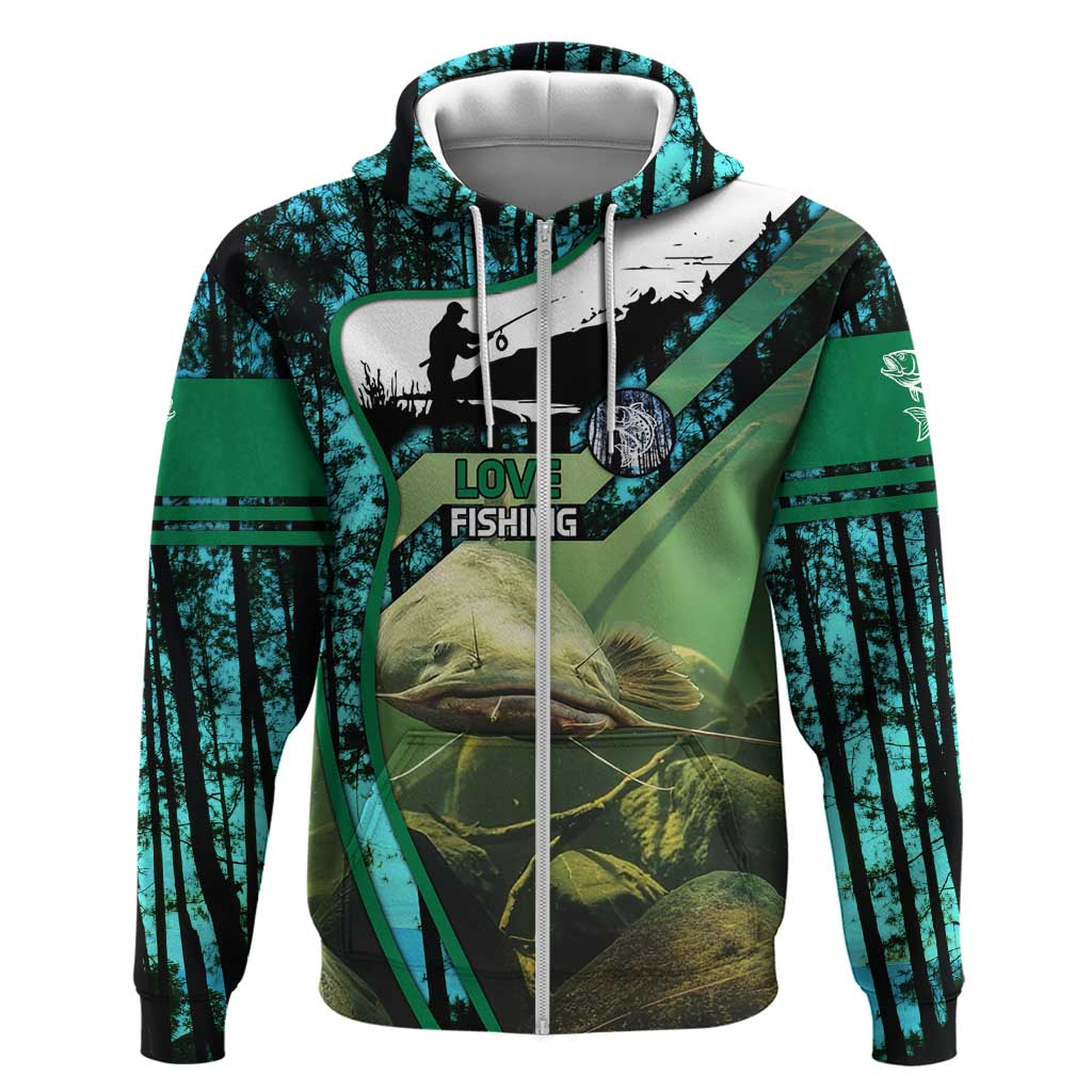 Flathead Catfish Custom Name Hoodie Forest Silhouette and Green Blue Love Fishing Design TS04