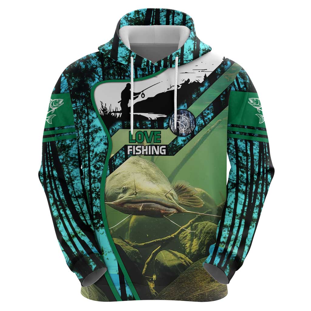 Flathead Catfish Custom Name Hoodie Forest Silhouette and Green Blue Love Fishing Design TS04