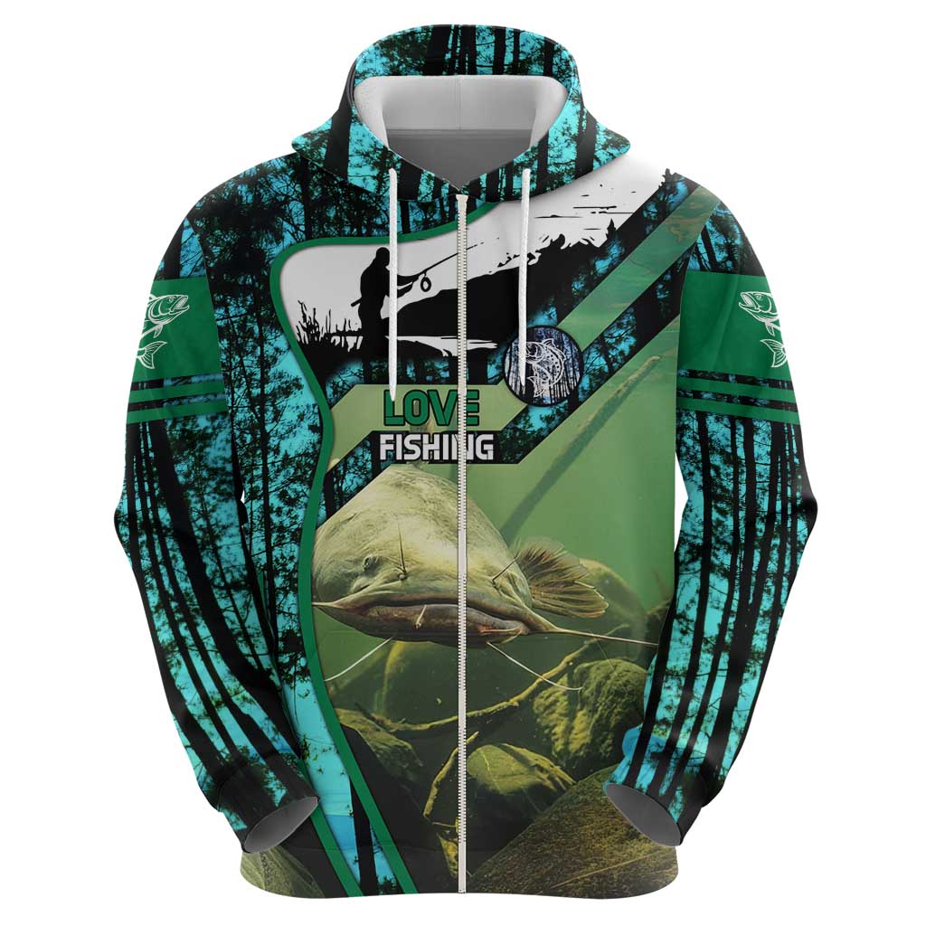 Flathead Catfish Custom Name Hoodie Forest Silhouette and Green Blue Love Fishing Design TS04