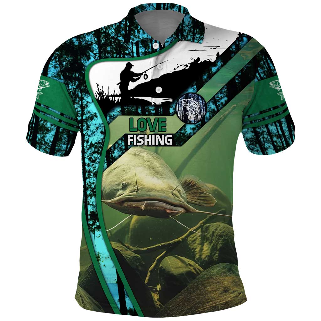 Flathead Catfish Custom Name Polo Shirt Forest Silhouette and Green Blue Love Fishing Design TS04
