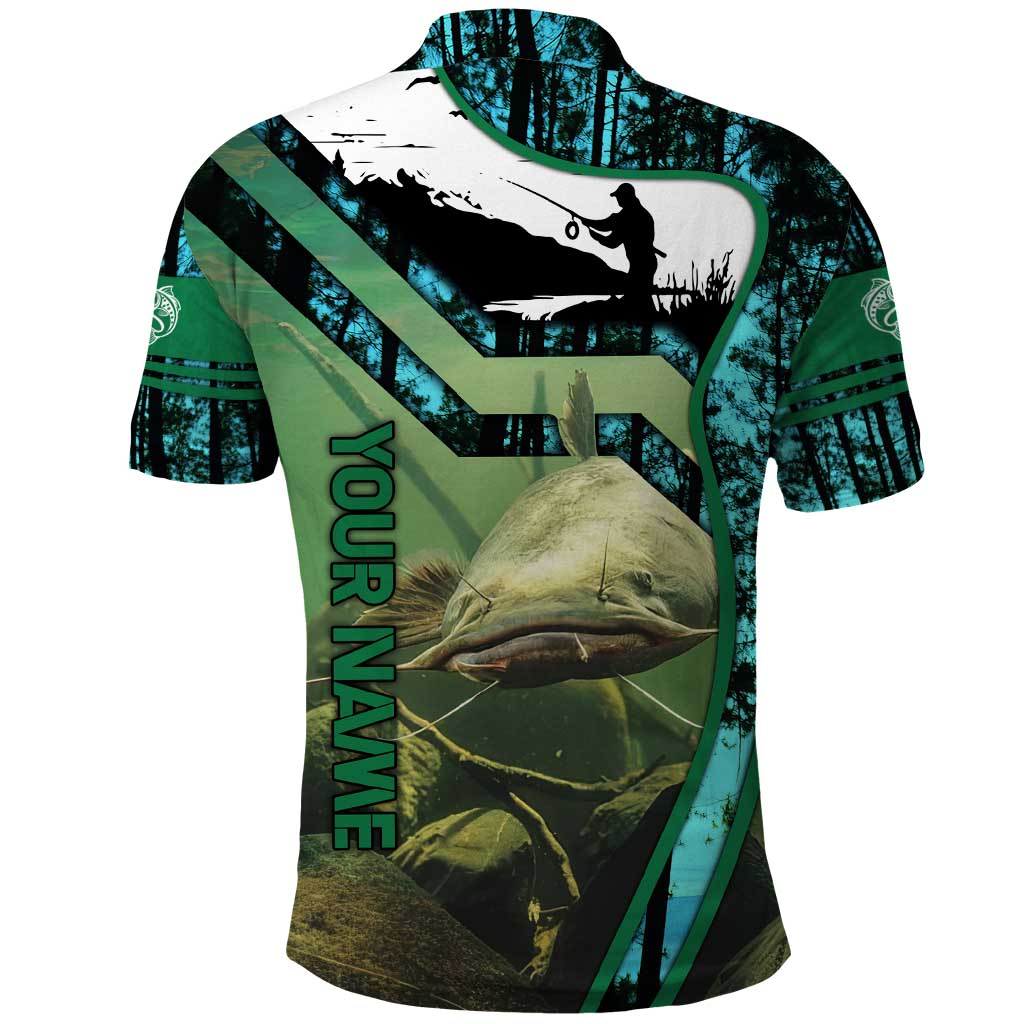 Flathead Catfish Custom Name Polo Shirt Forest Silhouette and Green Blue Love Fishing Design TS04