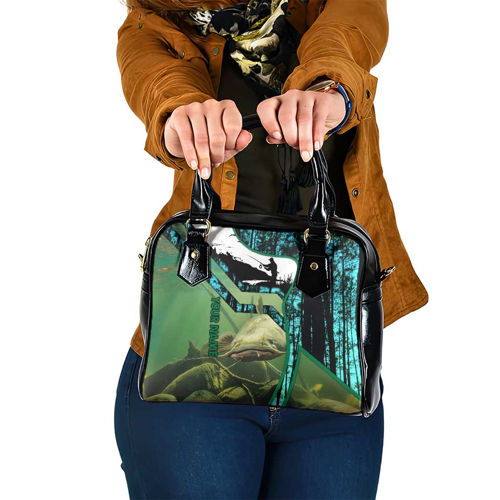 Flathead Catfish Custom Name Shoulder Handbag Forest Silhouette and Green Blue Love Fishing Design TS04