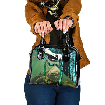 Flathead Catfish Custom Name Shoulder Handbag Forest Silhouette and Green Blue Love Fishing Design TS04