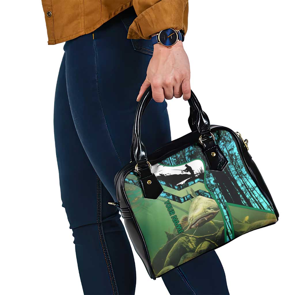 Flathead Catfish Custom Name Shoulder Handbag Forest Silhouette and Green Blue Love Fishing Design TS04