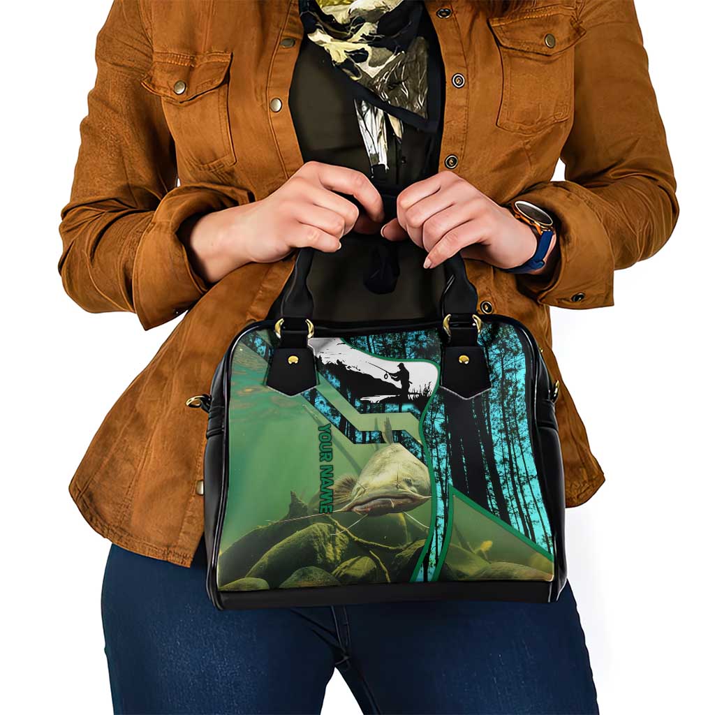 Flathead Catfish Custom Name Shoulder Handbag Forest Silhouette and Green Blue Love Fishing Design TS04