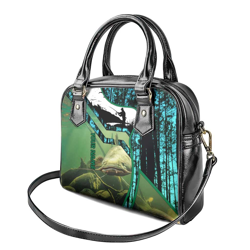 Flathead Catfish Custom Name Shoulder Handbag Forest Silhouette and Green Blue Love Fishing Design TS04