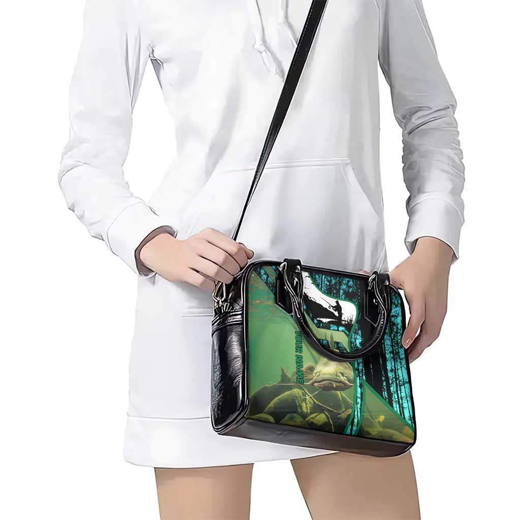 Flathead Catfish Custom Name Shoulder Handbag Forest Silhouette and Green Blue Love Fishing Design TS04