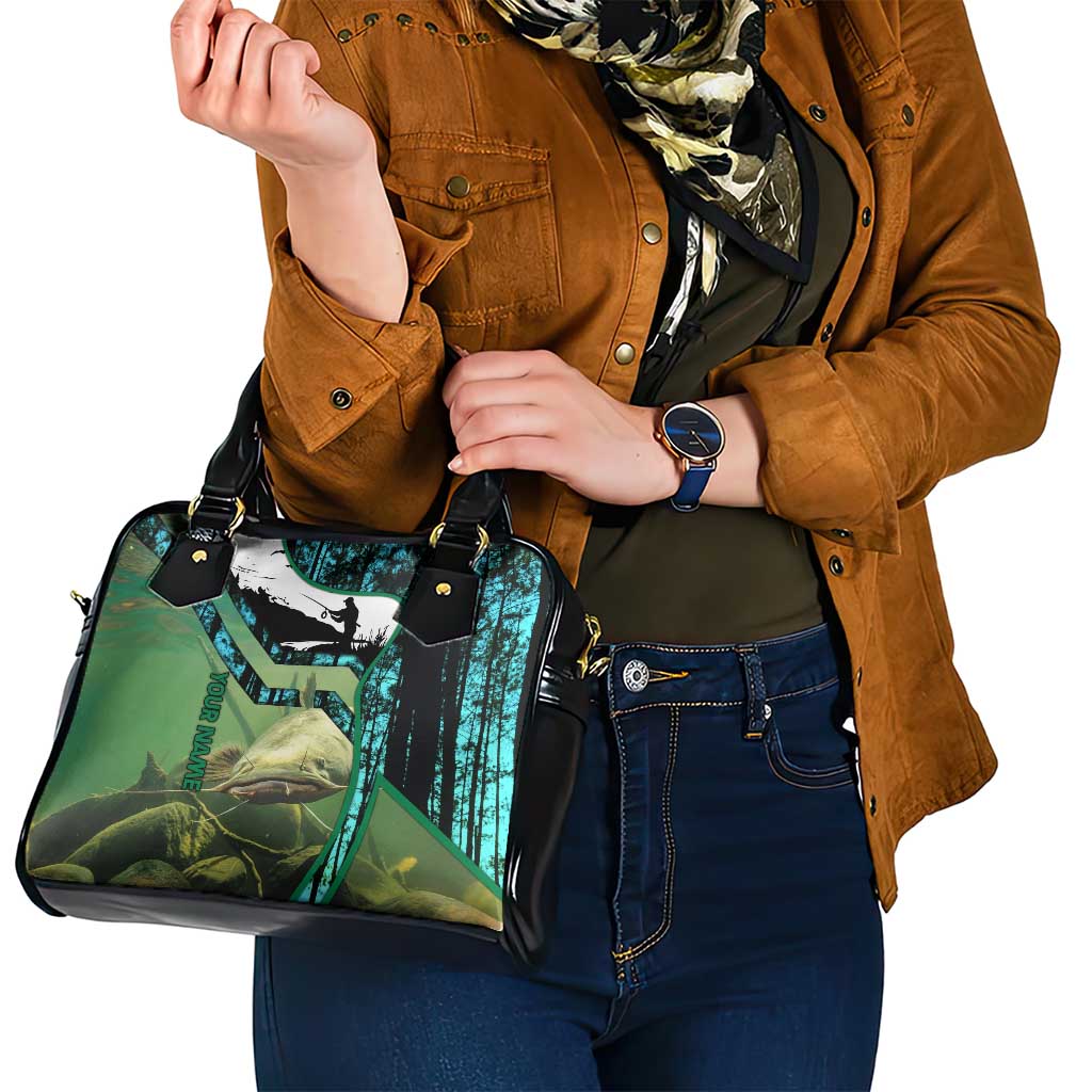 Flathead Catfish Custom Name Shoulder Handbag Forest Silhouette and Green Blue Love Fishing Design TS04