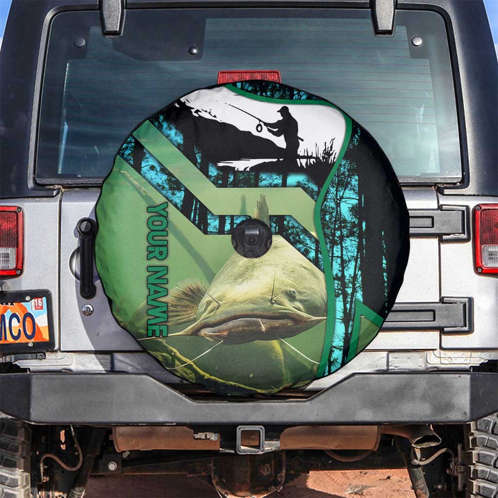 Flathead Catfish Custom Name Spare Tire Cover Forest Silhouette and Green Blue Love Fishing Design TS04