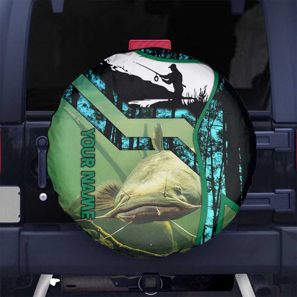 Flathead Catfish Custom Name Spare Tire Cover Forest Silhouette and Green Blue Love Fishing Design TS04