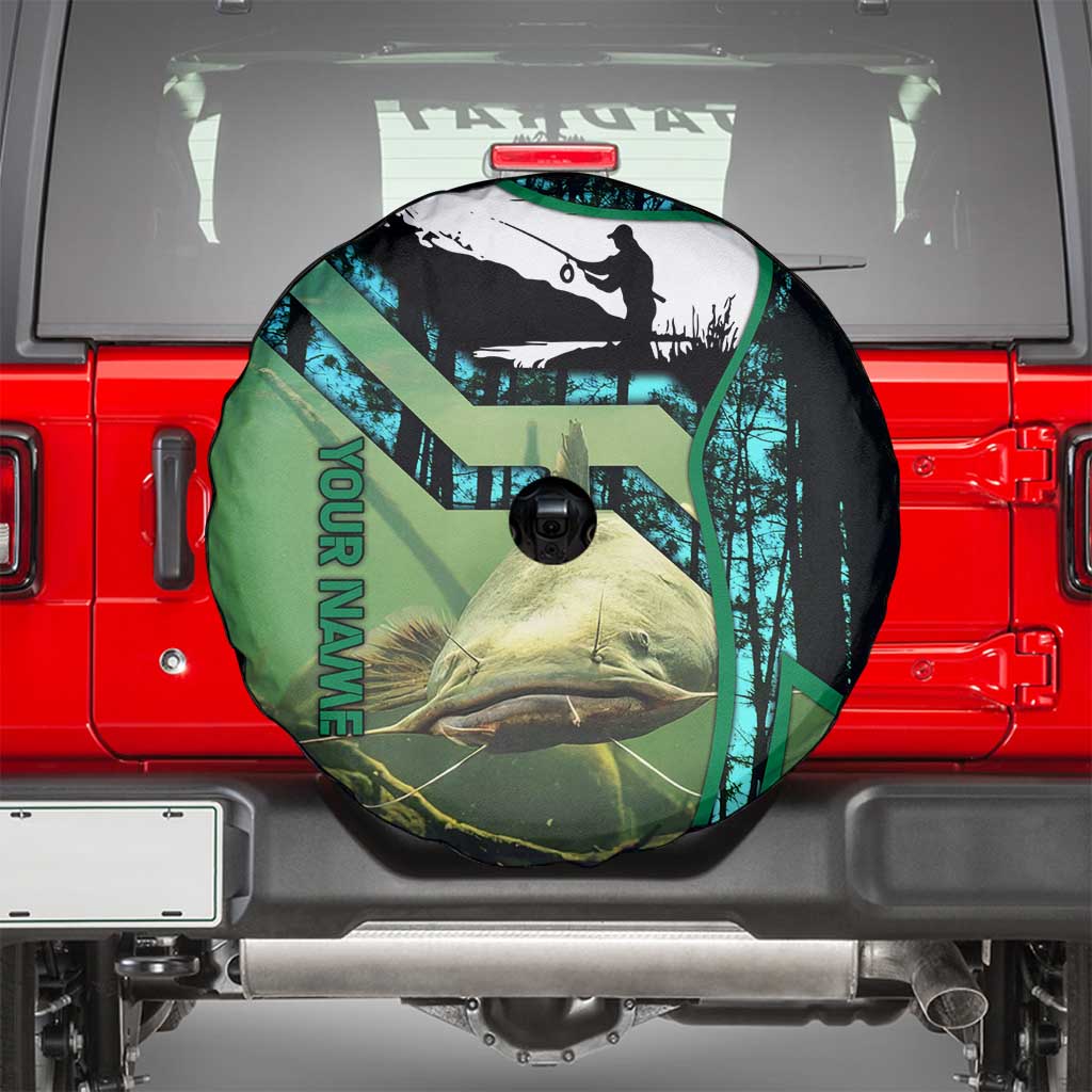 Flathead Catfish Custom Name Spare Tire Cover Forest Silhouette and Green Blue Love Fishing Design TS04