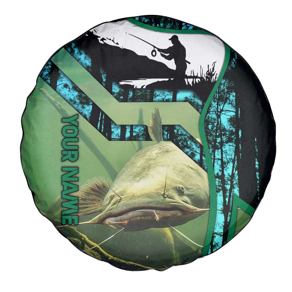 Flathead Catfish Custom Name Spare Tire Cover Forest Silhouette and Green Blue Love Fishing Design TS04