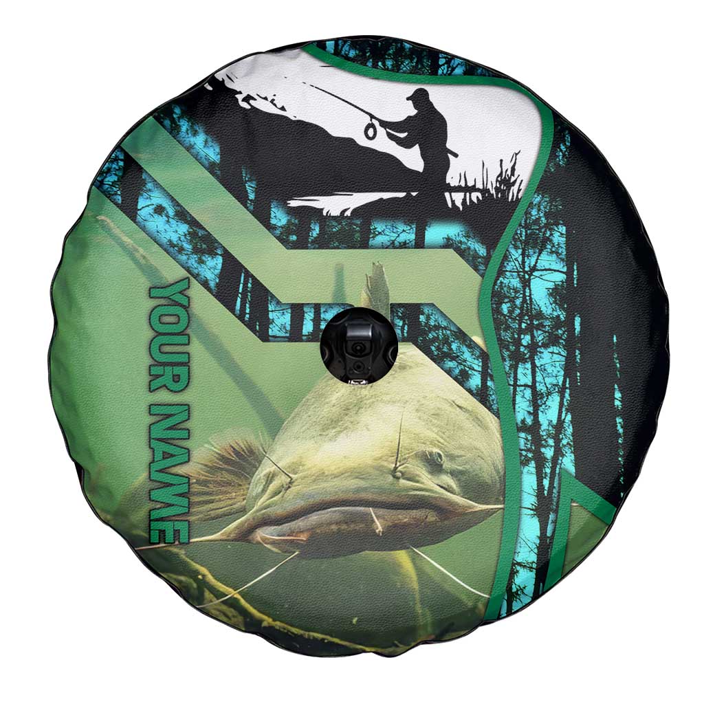 Flathead Catfish Custom Name Spare Tire Cover Forest Silhouette and Green Blue Love Fishing Design TS04