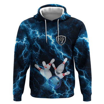 Personalized Bowling Ball Strike Graphic Hoodie Blue Lightning Storm and Electric Energy TS04