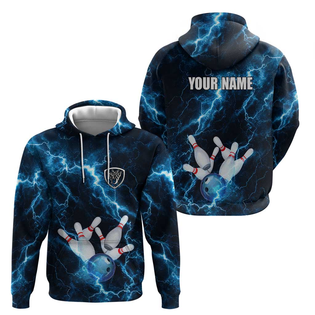 Personalized Bowling Ball Strike Graphic Hoodie Blue Lightning Storm and Electric Energy TS04