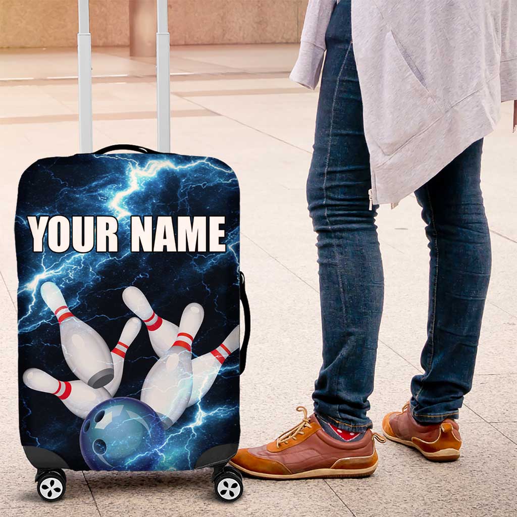 Personalized Bowling Ball Strike Graphic Luggage Cover Blue Lightning Storm and Electric Energy TS04