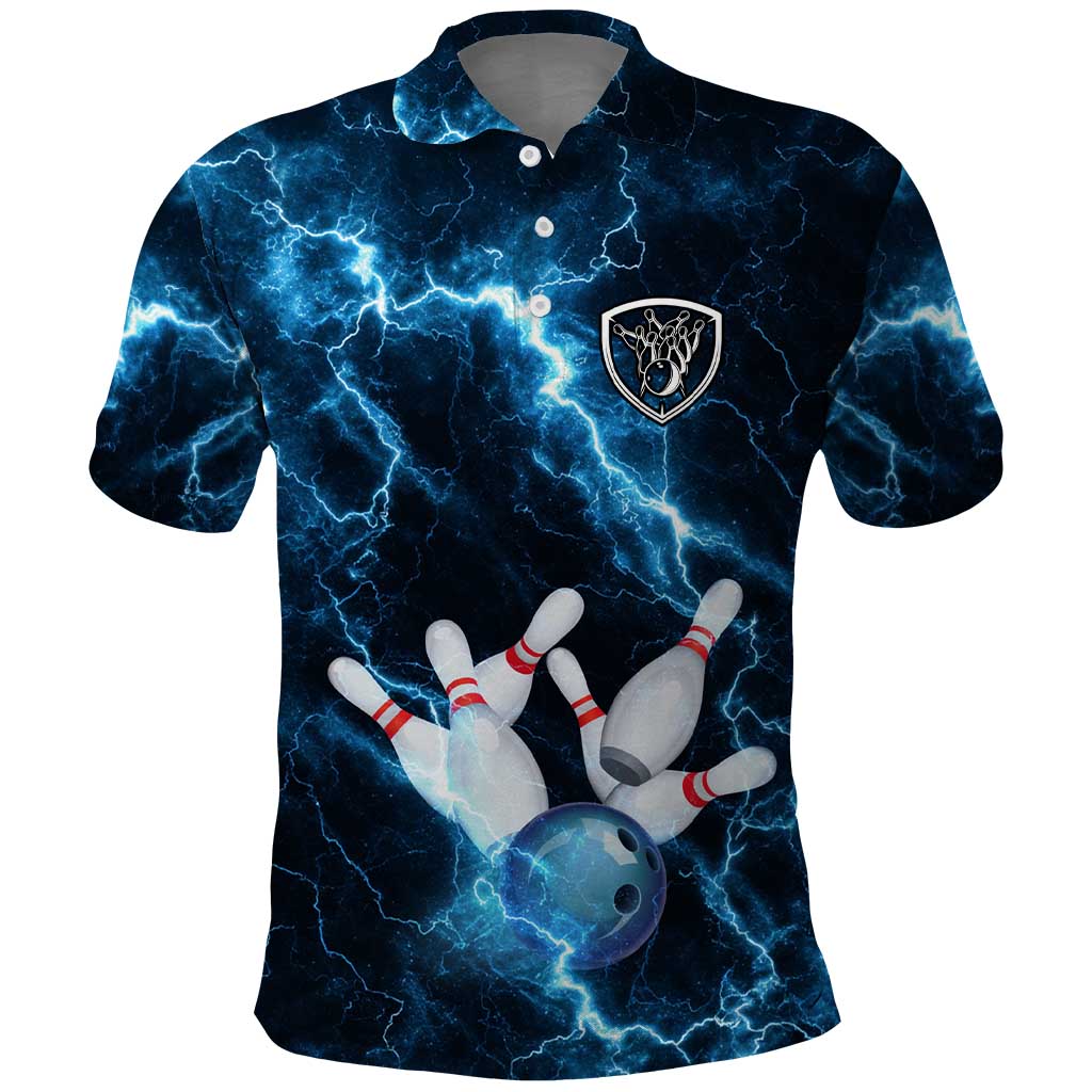 Personalized Bowling Ball Strike Graphic Polo Shirt Blue Lightning Storm and Electric Energy TS04